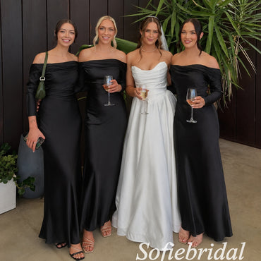 Elegant Black Satin Jersey Off‑The‑Shoulder Long Sleeve Ruched Floor Length Mermaid Bridesmaid Gown, PD1332