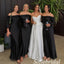 Elegant Black Satin Jersey Off‑The‑Shoulder Long Sleeve Ruched Floor Length Mermaid Bridesmaid Gown, PD1332