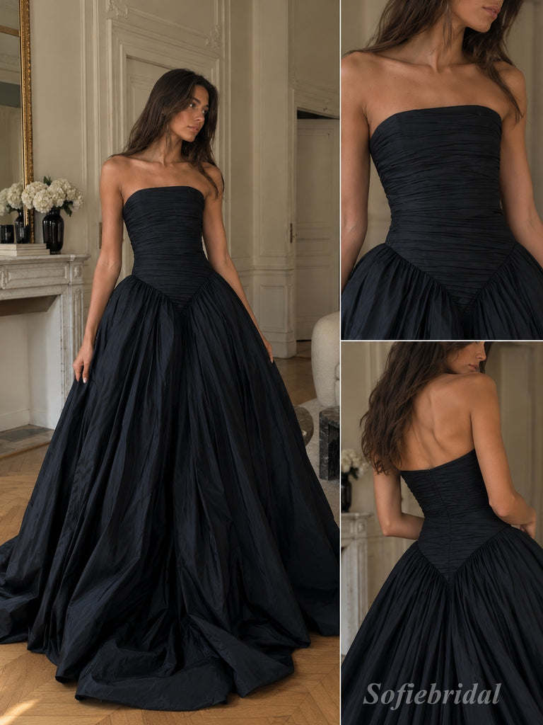 Black Matte Stretch Crepe Strapless Ruched Bodice Ball Gown Floor Length Evening Dress,PD13851