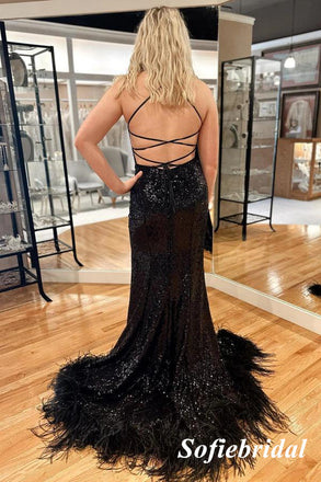 Sexy Black Sequin Spaghetti Straps Sleeveless Lace Up Back Side Slit Mermaid Long Prom Dresses, PD0915