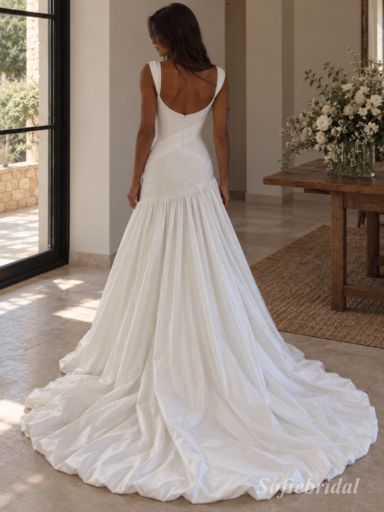 White Mikado Satin Thick Strap Cowl Neck Draped Corset Bodice Flowy A-Line Skirt Floor Length Wedding Dress, SFWD0099