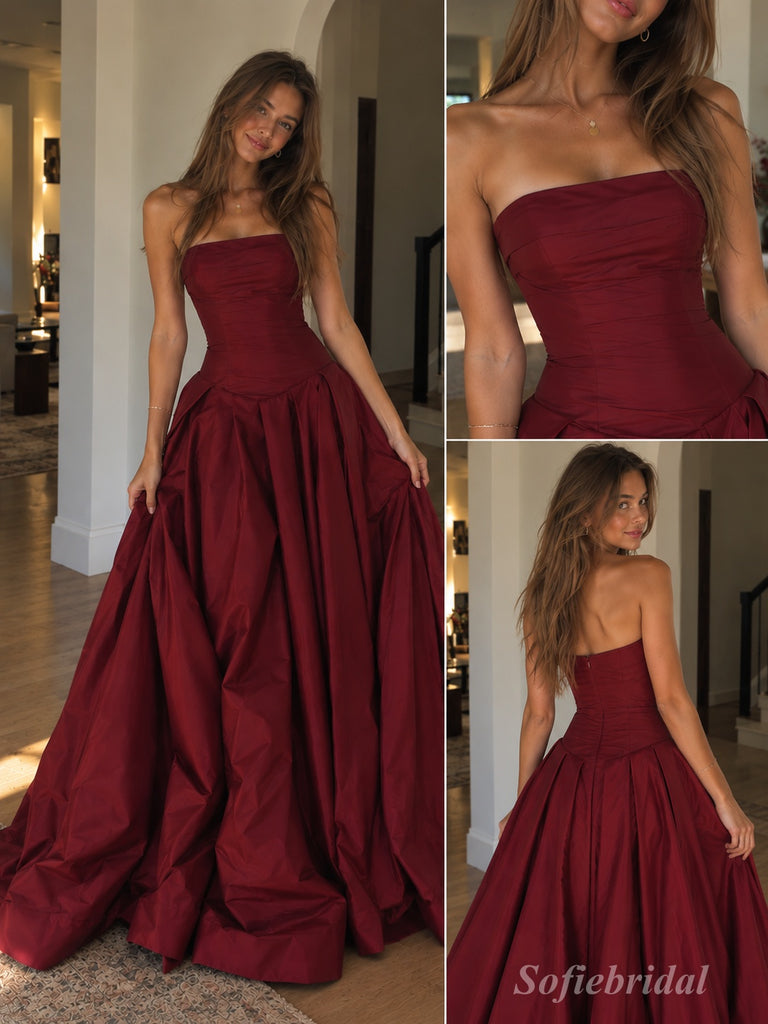 Burgundy Strapless Straight Neck Ruched Bodice Ball Gown Floor Length Evening Dress,PD13852