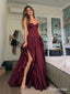 Burgundy Satin Sweetheart A-Line Gown With Corset Bustier Bodice & Pleated Floor Length Skirt, PD13876