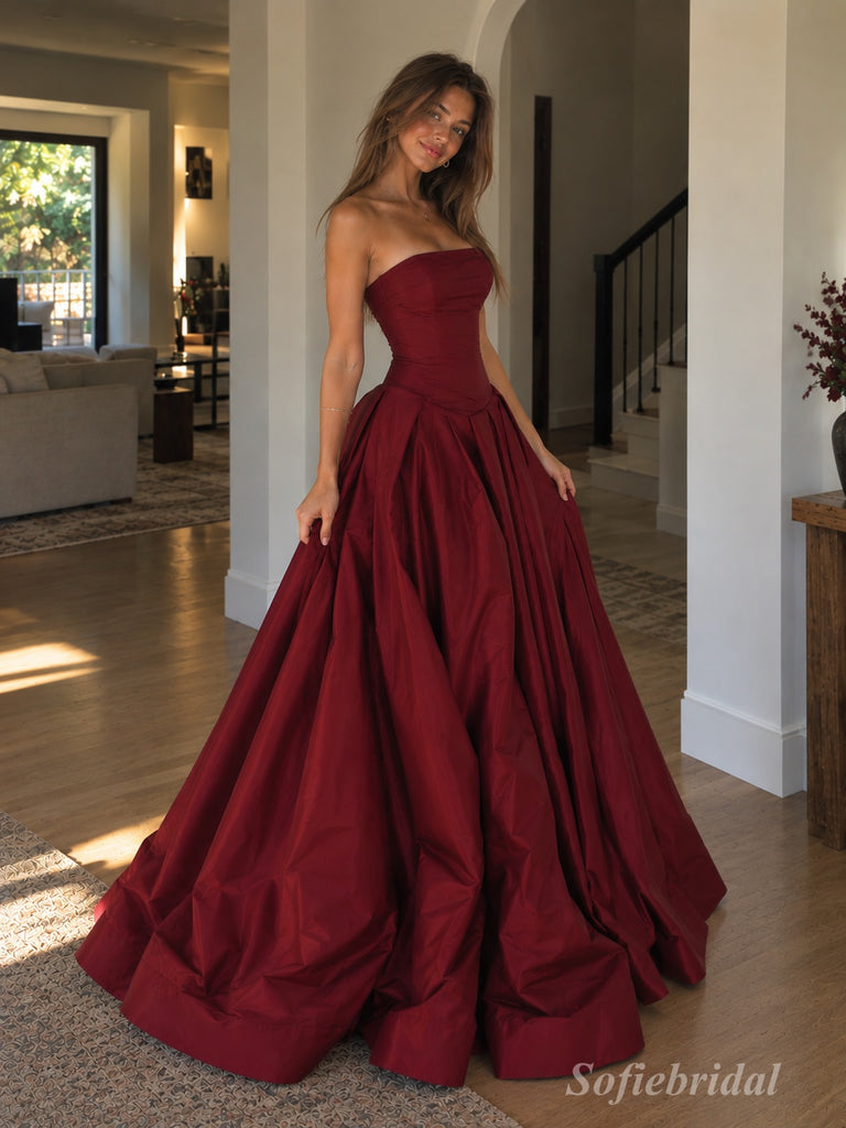 Burgundy Strapless Straight Neck Ruched Bodice Ball Gown Floor Length Evening Dress,PD13852
