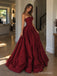 Burgundy Strapless Straight Neck Ruched Bodice Ball Gown Floor Length Evening Dress,PD13852