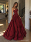 Burgundy Strapless Straight Neck Ruched Bodice Ball Gown Floor Length Evening Dress,PD13852