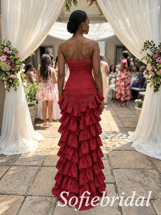 Burgundy Jacquard Strapless Beaded Fringe Corset High Low Ruffled Floor Length Sheath Prom Gown,PD1355