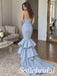 Dusty Blue Satin Strapless Ruched Bodice Cascading Ruffle Hem Train Mermaid Prom Dress,PD1362