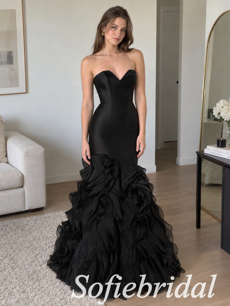 Black Satin Strapless Sweetheart Ruffle Organza Mermaid Dress,PD1365
