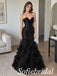 Black Satin Strapless Sweetheart Ruffle Organza Mermaid Dress,PD1365