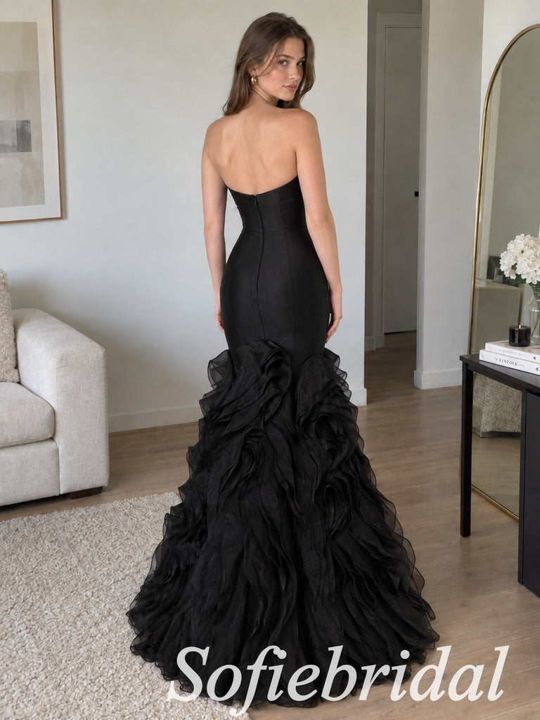 Black Satin Strapless Sweetheart Ruffle Organza Mermaid Dress,PD1365