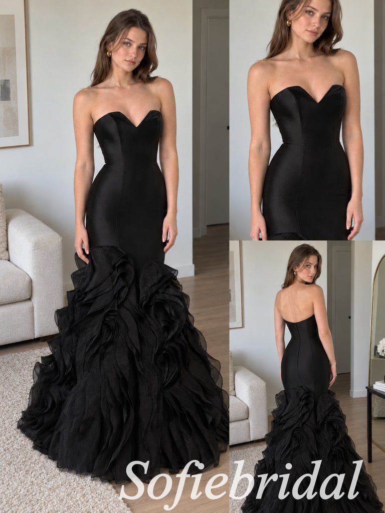 Black Satin Strapless Sweetheart Ruffle Organza Mermaid Dress,PD1365