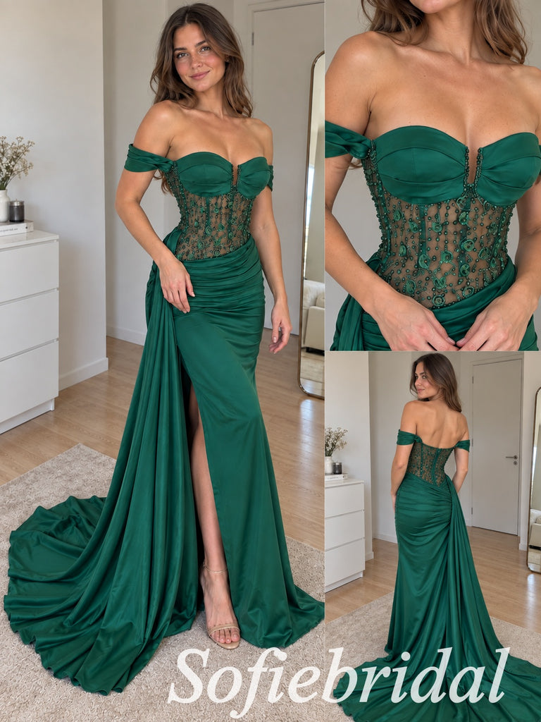 Emerald Green Satin Off The Shoulder Beaded Corset Slit Mermaid Dress,PD1366