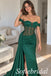 Emerald Green Satin Off The Shoulder Beaded Corset Slit Mermaid Dress,PD1366