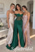 Emerald Green Satin Off The Shoulder Beaded Corset Slit Mermaid Dress,PD1366