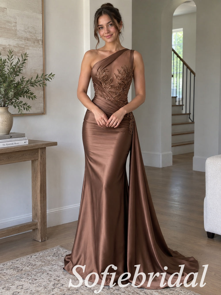 Chocolate Brown Satin One Shoulder Beaded Leaf Applique Side Drape Mermaid Dress,PD1367