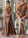 Chocolate Brown Satin One Shoulder Beaded Leaf Applique Side Drape Mermaid Dress,PD1367