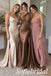 Chocolate Brown Satin One Shoulder Beaded Leaf Applique Side Drape Mermaid Dress,PD1367
