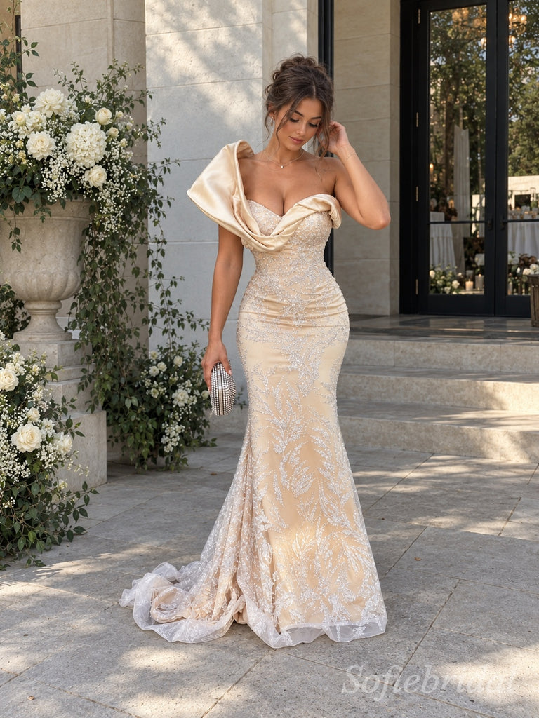 Champagne Lace Satin One Shoulder Draped Ruffle Beaded Mermaid Floor Length Prom Dress,PD1374