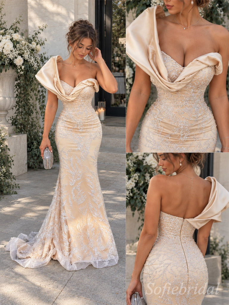 Champagne Lace Satin One Shoulder Draped Ruffle Beaded Mermaid Floor Length Prom Dress,PD1374