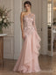 Blush Tulle One Shoulder Long Sleeve Floral Beaded Asymmetrical Ruffle Floor Length Prom Dress,PD1376