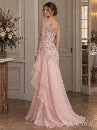 Blush Tulle One Shoulder Long Sleeve Floral Beaded Asymmetrical Ruffle Floor Length Prom Dress,PD1376