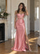 Blush Satin Off Shoulder Crystal Fringe Illusion Corset High Slit Mermaid Floor Length Prom Dress,PD1377