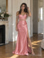 Blush Satin Off Shoulder Crystal Fringe Illusion Corset High Slit Mermaid Floor Length Prom Dress,PD1377