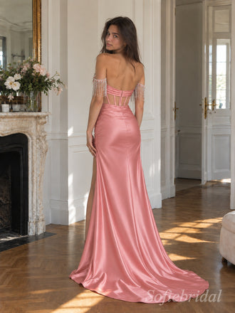 Blush Satin Off Shoulder Crystal Fringe Illusion Corset High Slit Mermaid Floor Length Prom Dress,PD1377