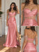 Blush Satin Off Shoulder Crystal Fringe Illusion Corset High Slit Mermaid Floor Length Prom Dress,PD1377