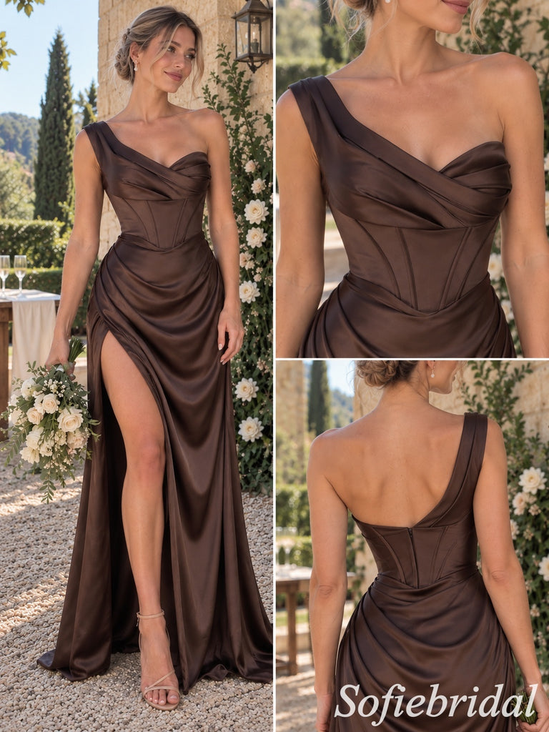 Mismatched Brown Soft Satin Pleated Floor Length Side Slit Mermaid Bridesmaid Gown, SFWG00649