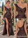 Mismatched Brown Soft Satin Pleated Floor Length Side Slit Mermaid Bridesmaid Gown, SFWG00649