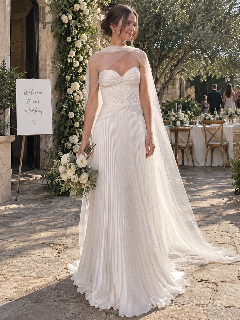 White Pleated Chiffon Sweetheart Neck Sheer Tulle Cape A-line Floor Length Wedding Dress, SFWD0097
