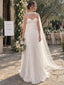 White Pleated Chiffon Sweetheart Neck Sheer Tulle Cape A-line Floor Length Wedding Dress, SFWD0097