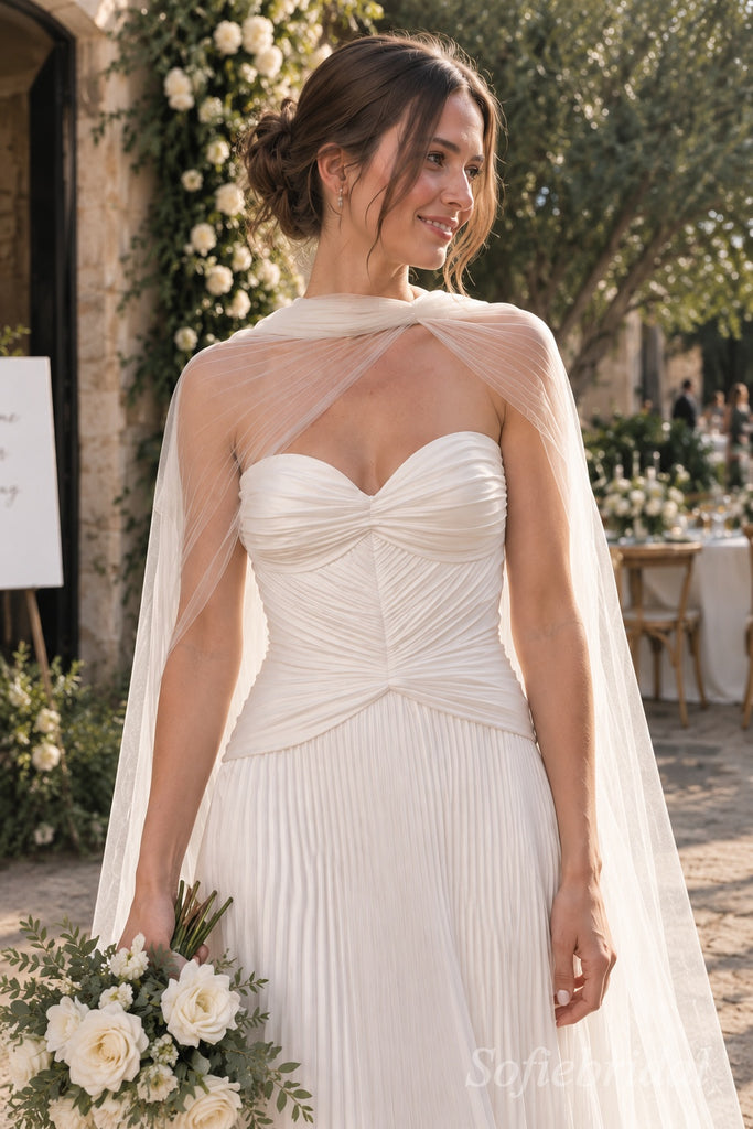 White Pleated Chiffon Sweetheart Neck Sheer Tulle Cape A-line Floor Length Wedding Dress, SFWD0097