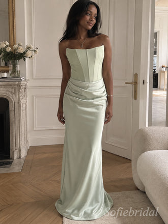 Mint Satin Strapless Boned Bodice Ruched Waist Fitted Floor Length Evening Gown,PD1378