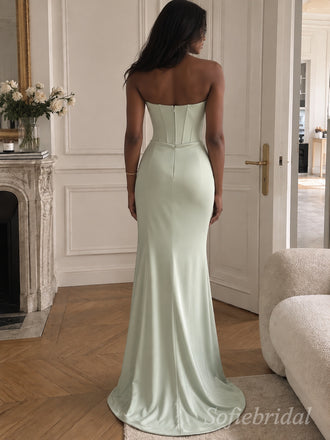 Mint Satin Strapless Boned Bodice Ruched Waist Fitted Floor Length Evening Gown,PD1378