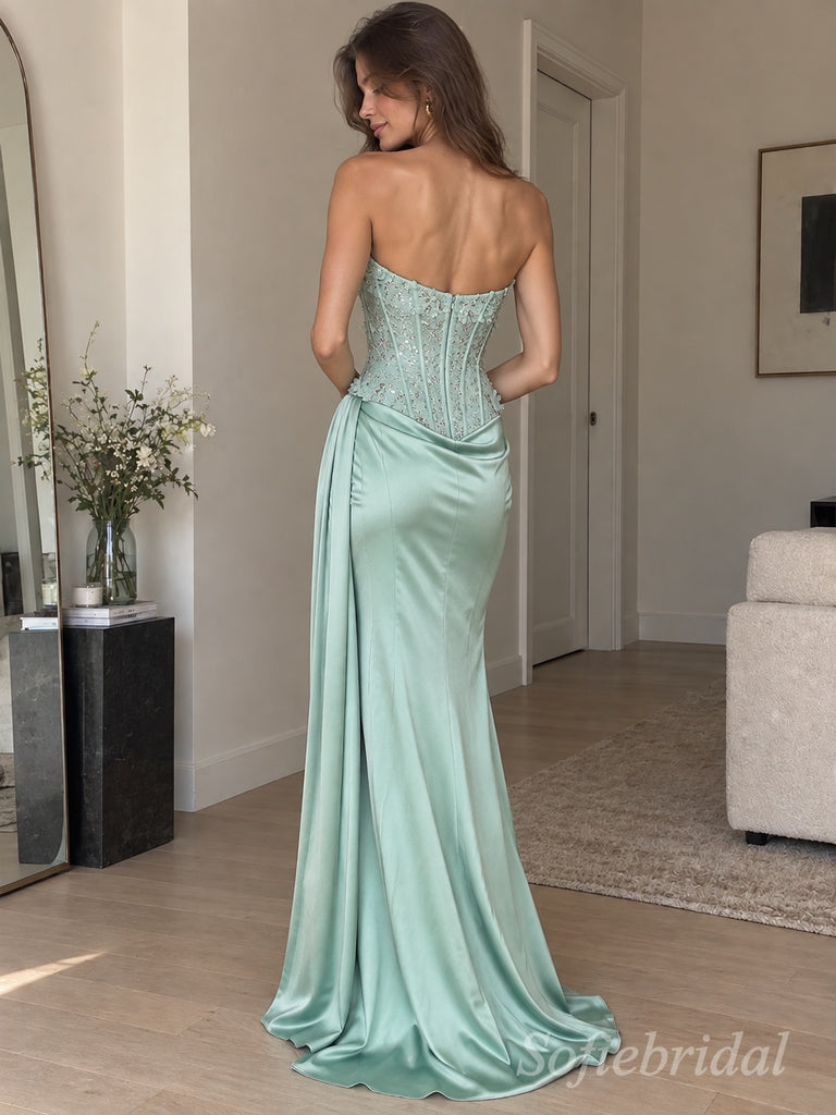 Sage Satin Strapless Corset 3D Floral Sequin Draped Sash Mermaid Floor Length Evening Gown,PD1380