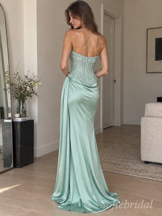 Sage Satin Strapless Corset 3D Floral Sequin Draped Sash Mermaid Floor Length Evening Gown,PD1380