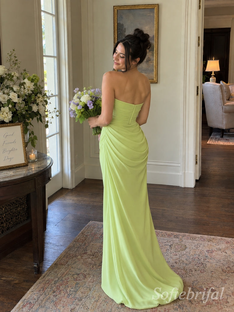 Chartreuse Chiffon Strapless Cowl Draped Bodice Floor Length Sheath Bridesmaid Dress,,SFWG00723