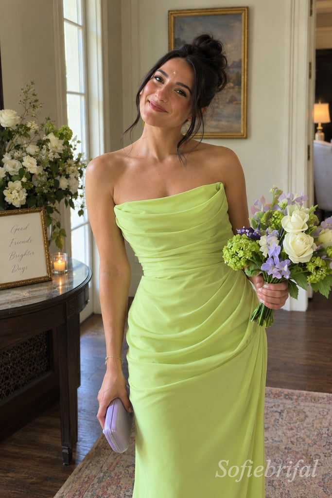 Chartreuse Chiffon Strapless Cowl Draped Bodice Floor Length Sheath Bridesmaid Dress,,SFWG00723