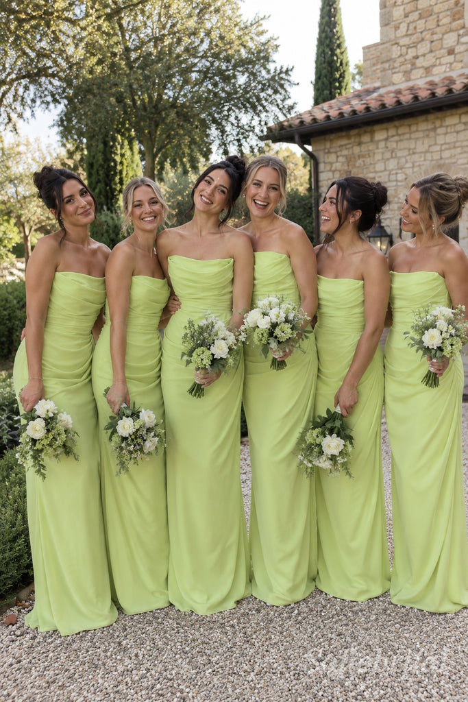 Chartreuse Chiffon Strapless Cowl Draped Bodice Floor Length Sheath Bridesmaid Dress,,SFWG00723