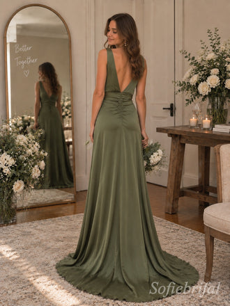 Olive Green Satin V-Neck Ruched Bodice High Slit Floor Length A-Line Bridesmaid Dress,SFWG00724