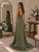Olive Green Satin V-Neck Ruched Bodice High Slit Floor Length A-Line Bridesmaid Dress,SFWG00724