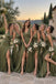Olive Green Satin V-Neck Ruched Bodice High Slit Floor Length A-Line Bridesmaid Dress,SFWG00724
