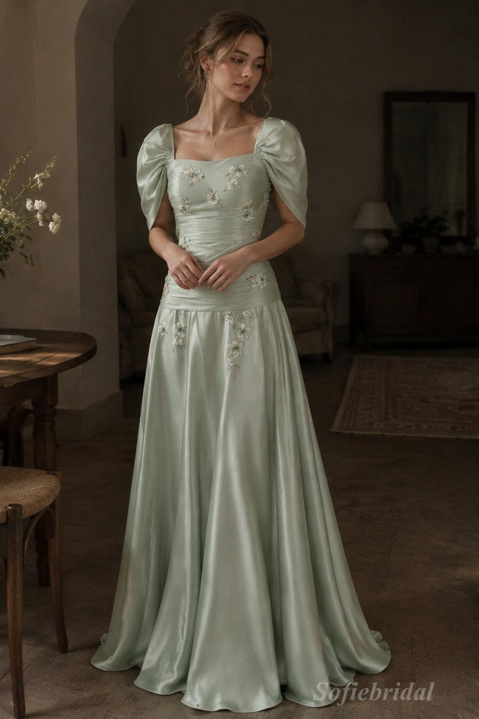 Sage Green Satin Square Neck Puff Cap Sleeve 3D Floral Embroidery Ruched A-Line Evening Dress,PD13837