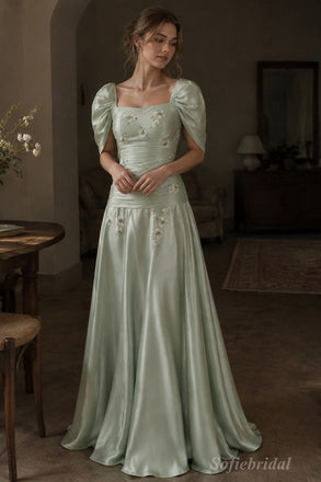 Sage Green Satin Square Neck Puff Cap Sleeve 3D Floral Embroidery Ruched A-Line Evening Dress,PD13837