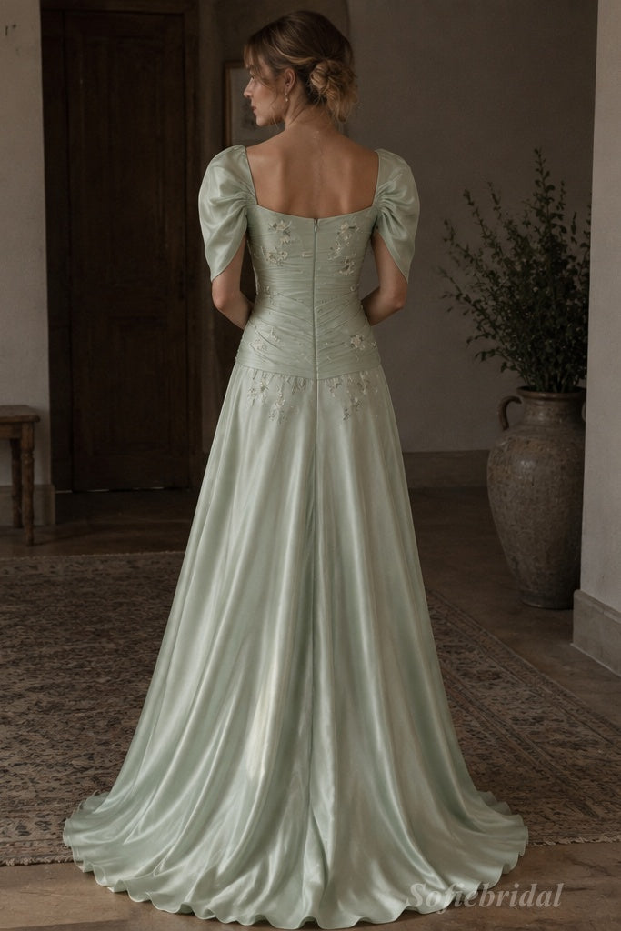 Sage Green Satin Square Neck Puff Cap Sleeve 3D Floral Embroidery Ruched A-Line Evening Dress,PD13837
