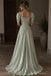 Sage Green Satin Square Neck Puff Cap Sleeve 3D Floral Embroidery Ruched A-Line Evening Dress,PD13837
