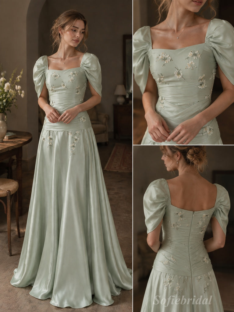 Sage Green Satin Square Neck Puff Cap Sleeve 3D Floral Embroidery Ruched A-Line Evening Dress,PD13837